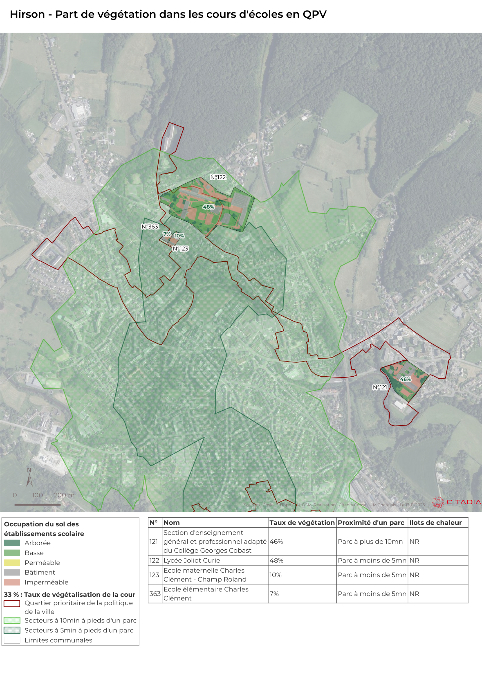 Hirson Part de végétation dans les cours d'écoles en QPV