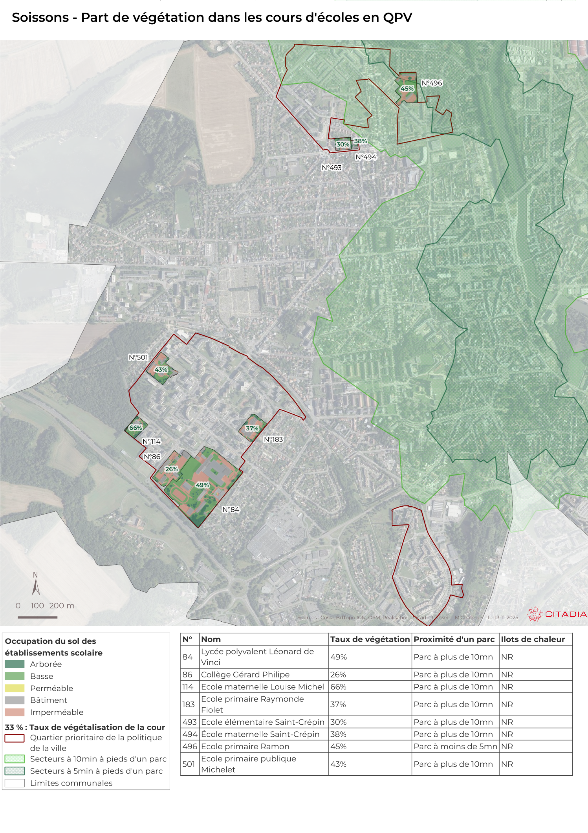 Soissons Part de végétation dans les cours d'écoles en QPV
