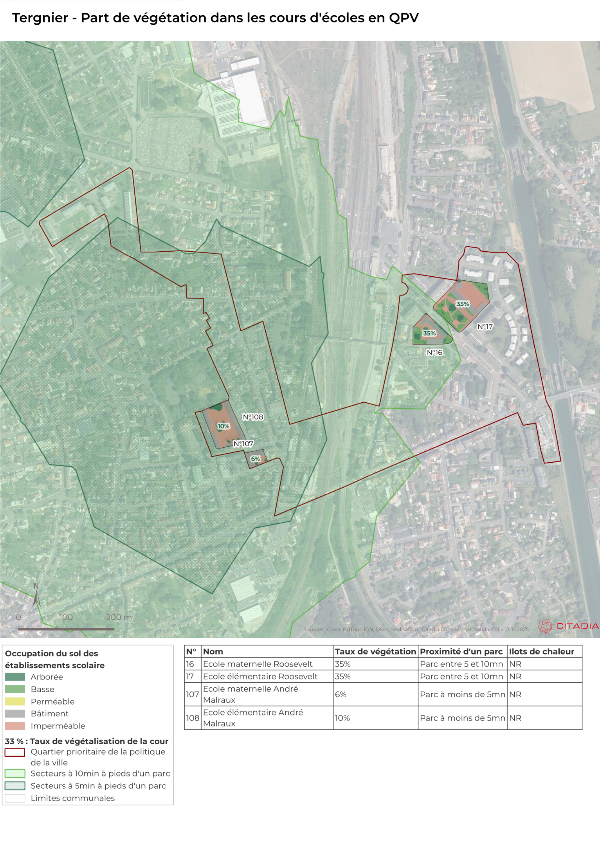 Tergnier Part de végétation dans les cours d'écoles en QPV