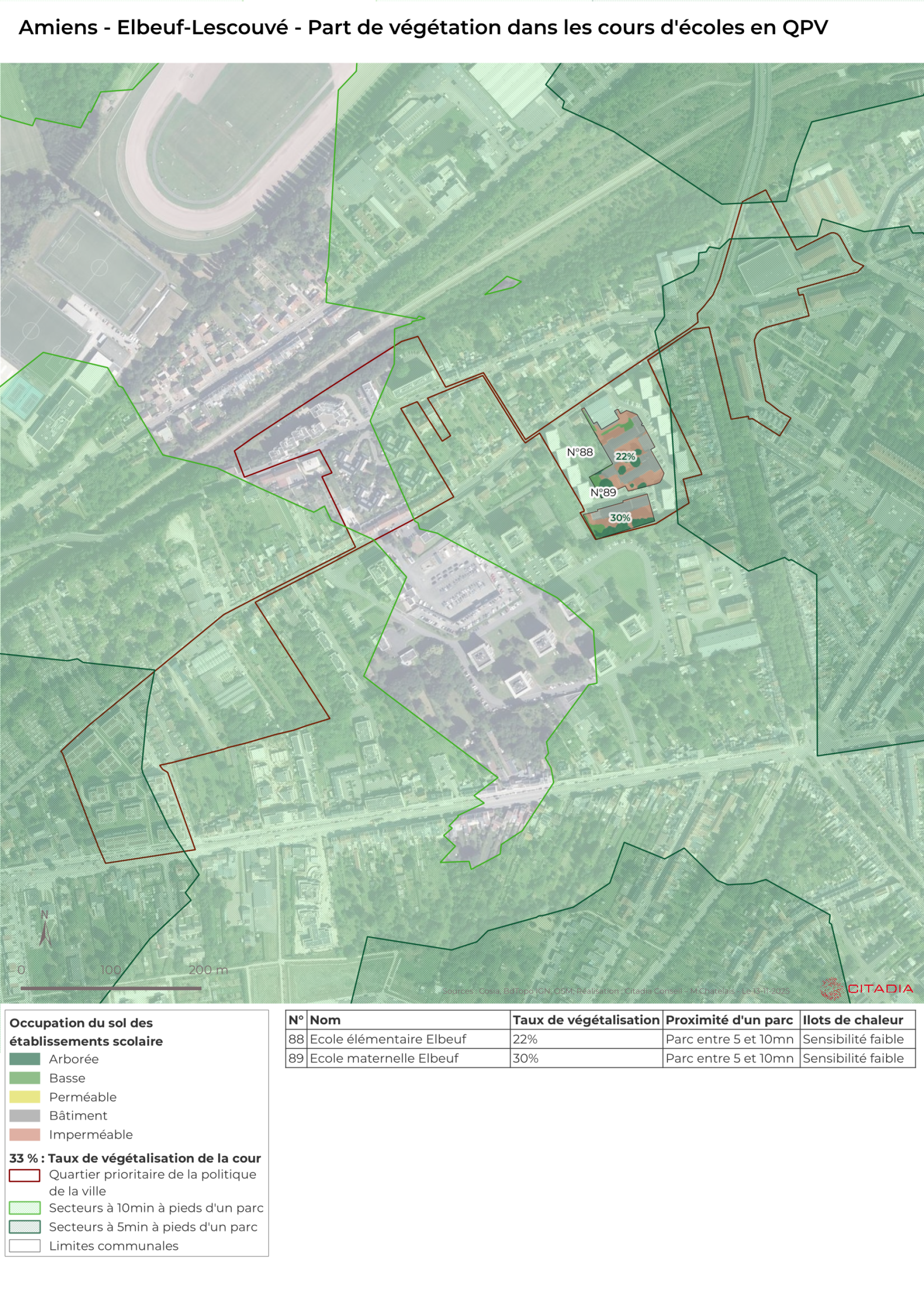 Amiens Elbeuf-Lescouvé  Part de végétation dans les cours d'écoles en QPV